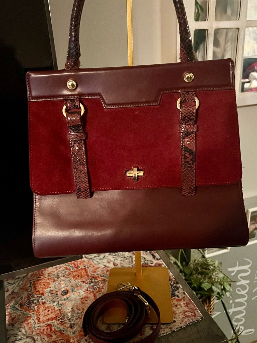 LACUCCI ITALIAN LEATHER Burgundy Suede & Leather Satchel with Gold Hardware